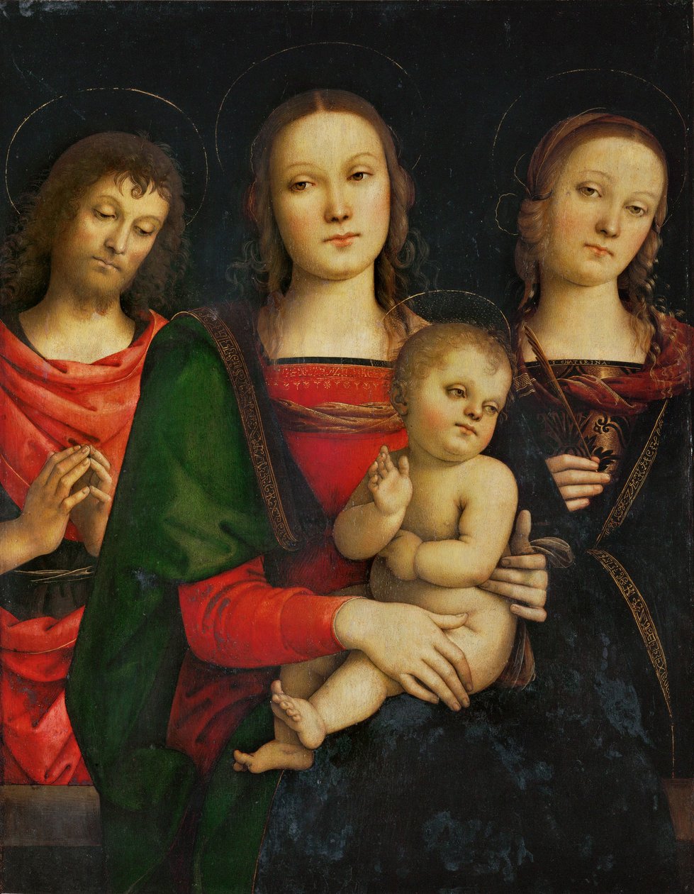 Madonna med barn, omgiven av Johannes Döparen och Sankta Katarina... av Pietro (studio of) Perugino