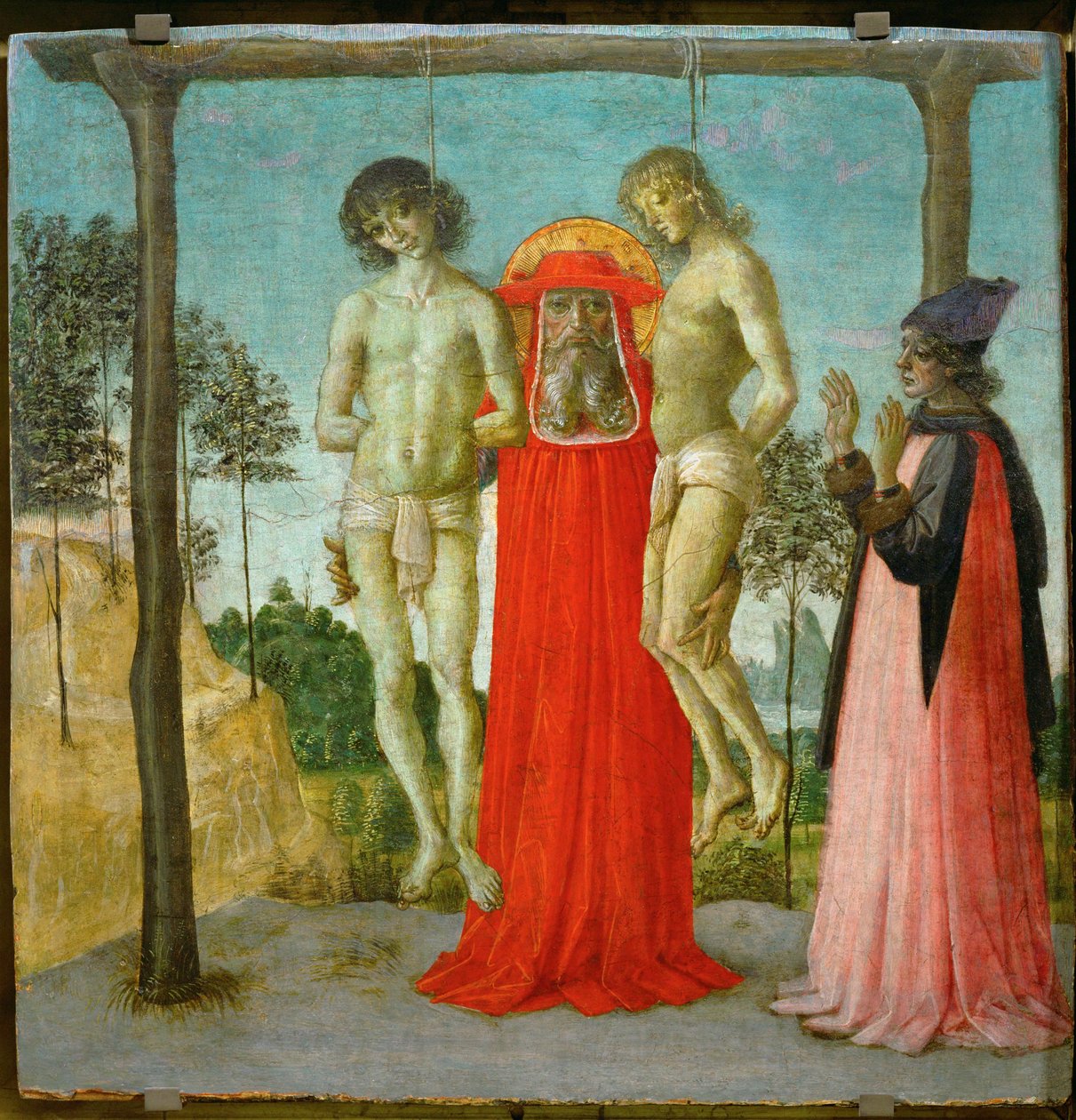 Sankt Hieronymus stödjer två hängda unga män ... av Pietro (studio of) Perugino