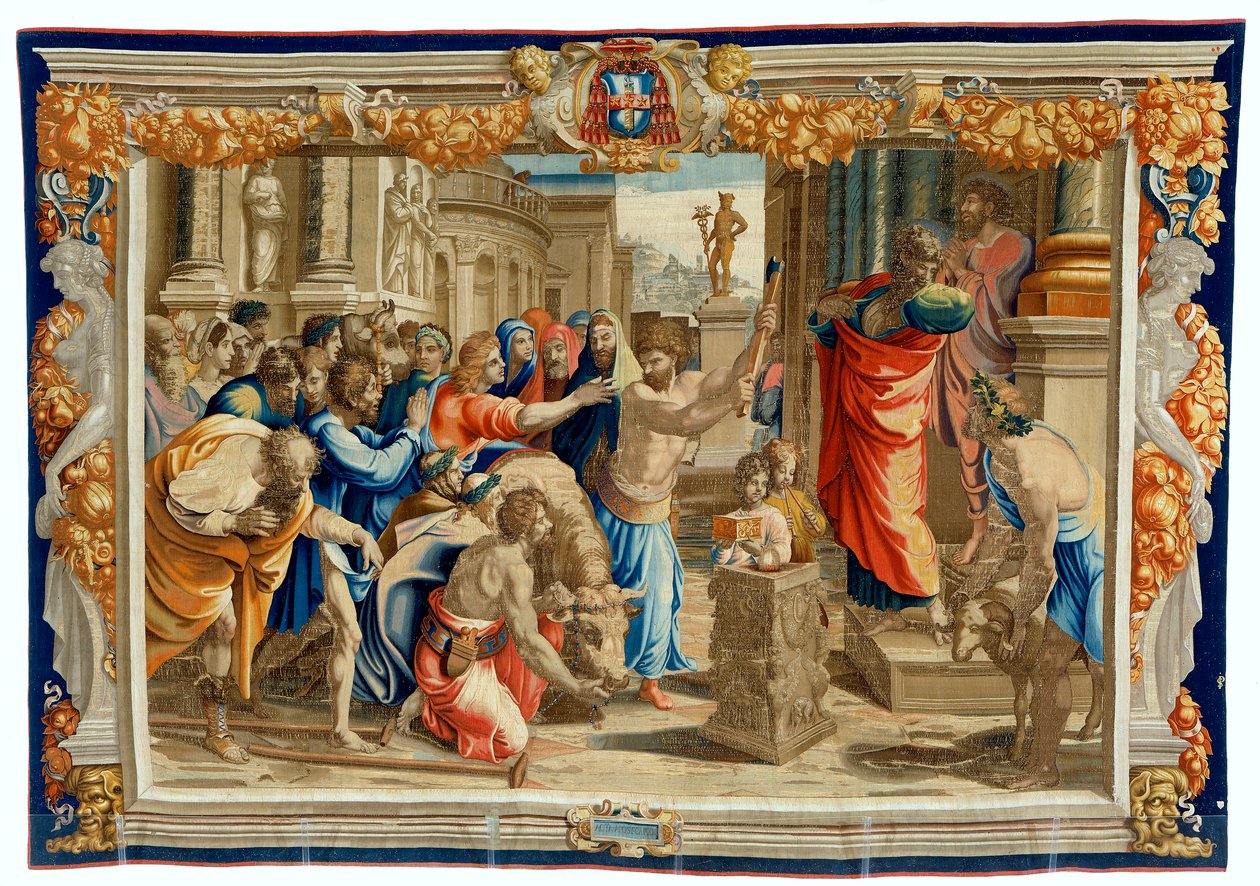 1600-talets gobeläng föreställande Lystras offer av Pietro 1579 1669 Fevère