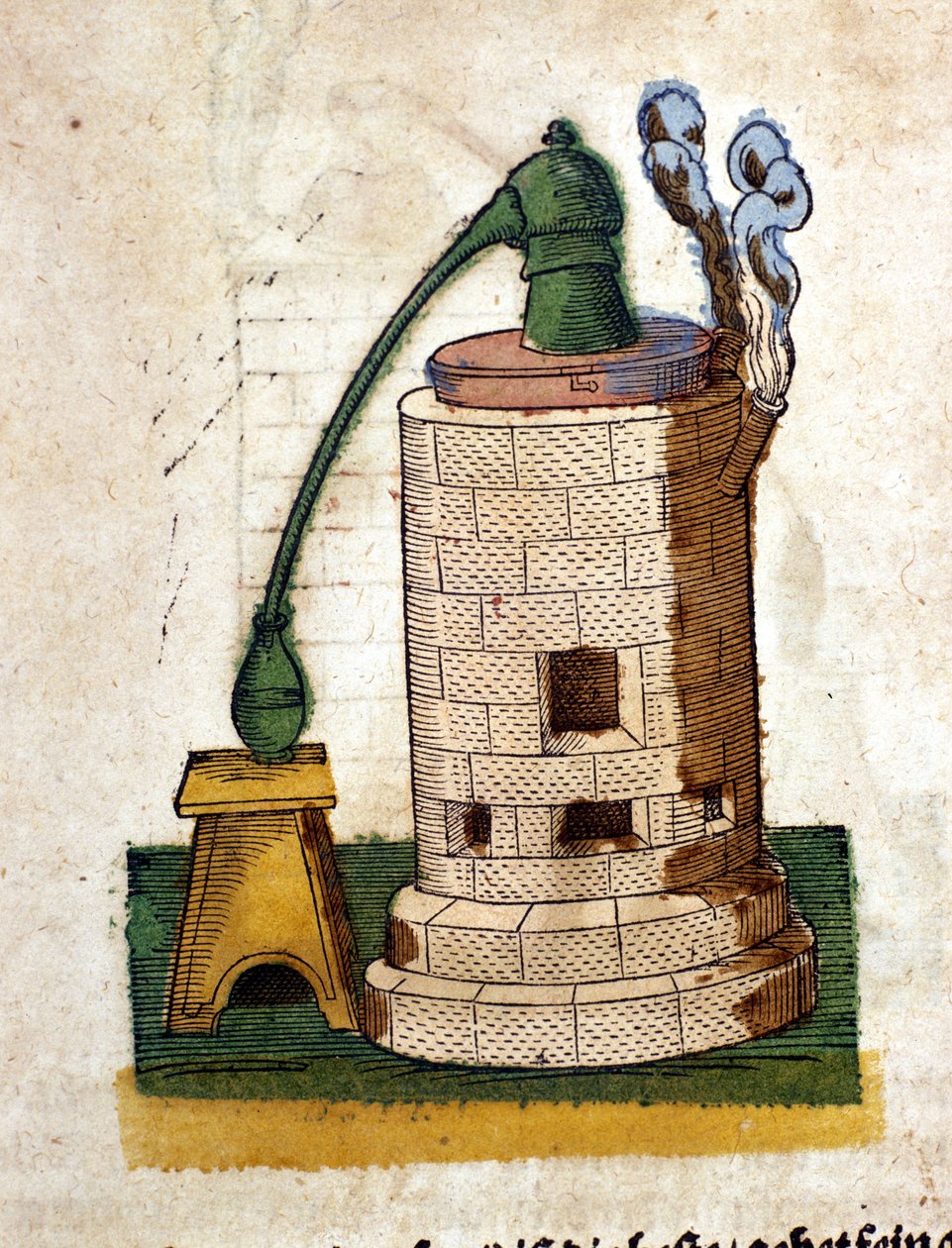 Alkemi: Apparat för destillation. Gravyr från en bok av Pietro Andrea Mattioli (Matthiole) (1500-1577). Frankfurt av Pietro Andrea Mattioli