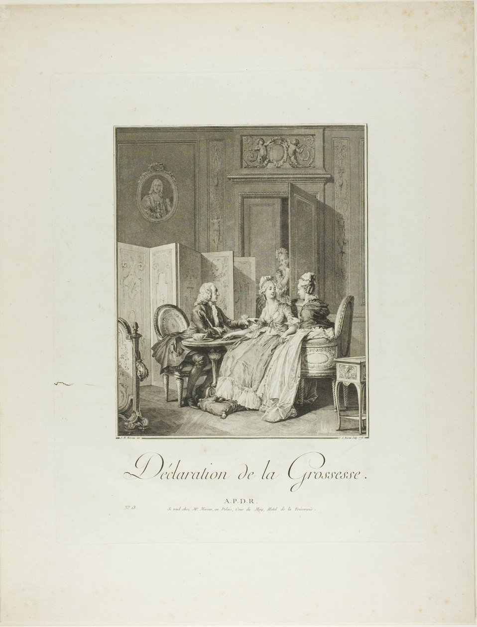 Tillkännagivande av graviditet, från Monument du Costume Physique et Moral de la fin du Dix-huitième siècle av Pietro Antonio Martini