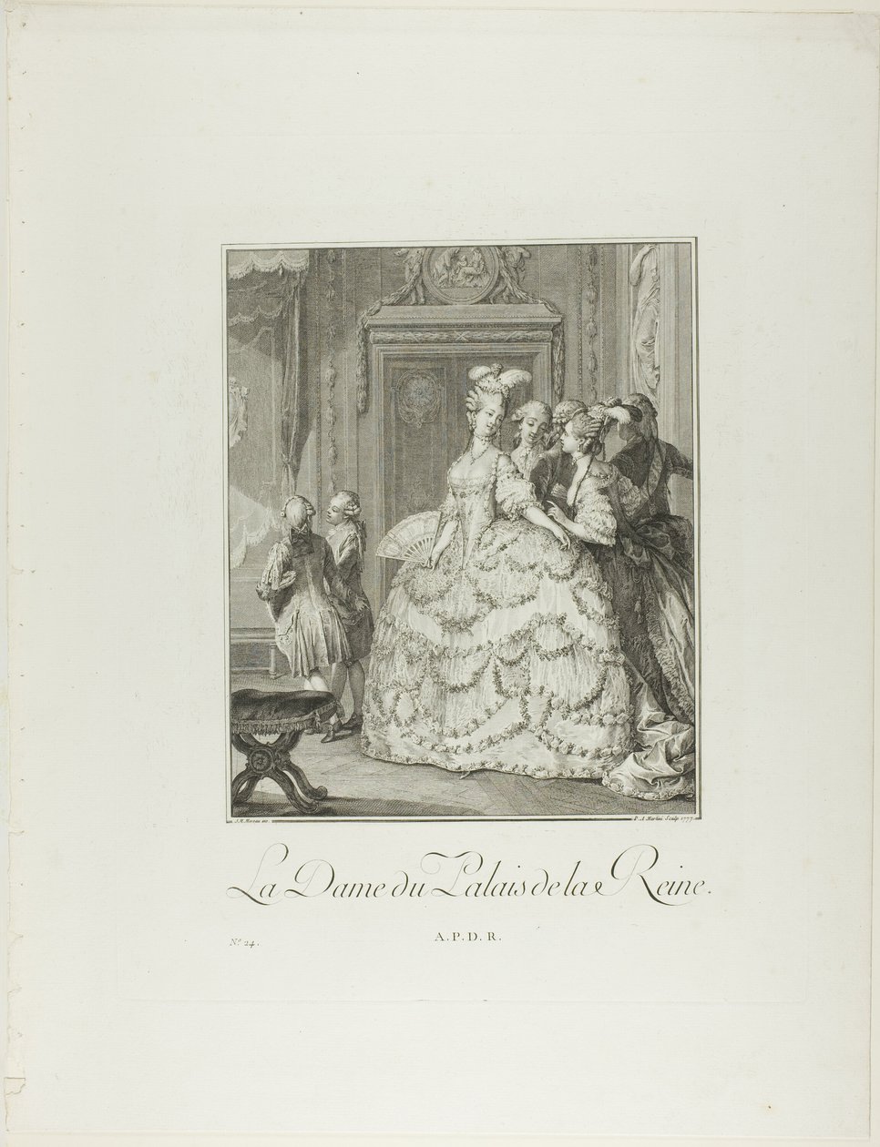 Drottningens hovdam, från Monument du Costume Physique et Moral de la fin du Dix-huitième siècle av Pietro Antonio Martini