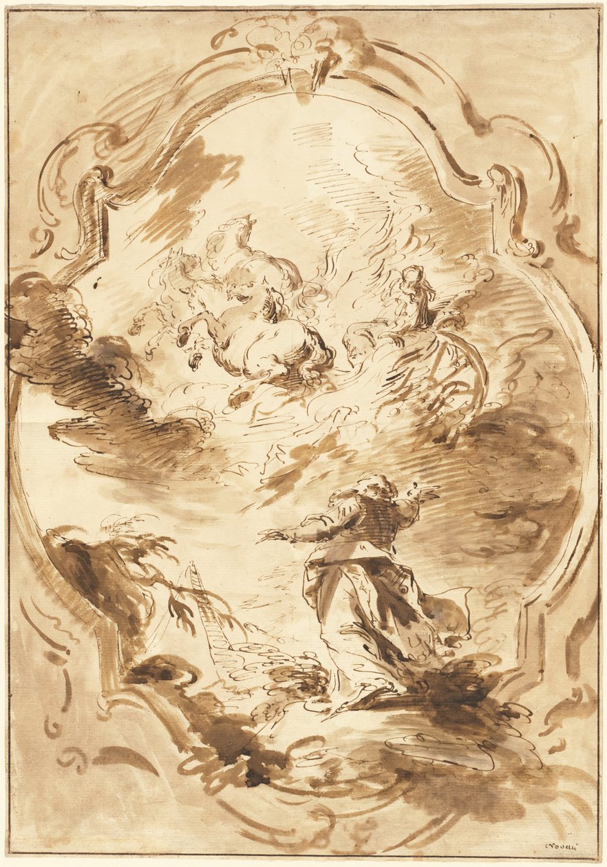 Elisha tittar på Elia stiga upp i den brinnande vagnen av Pietro Antonio Novelli
