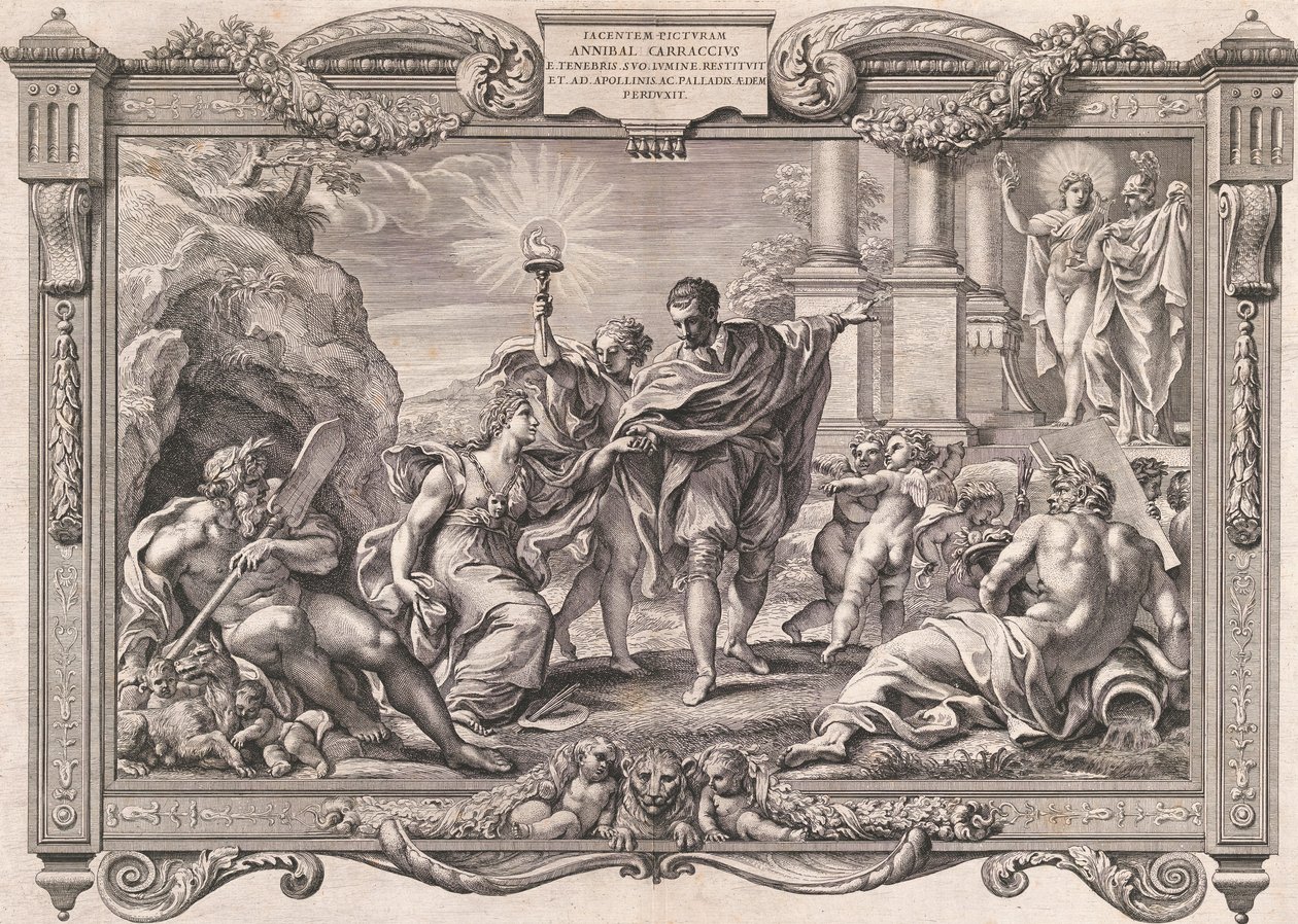 Annibale Carracci introducerar målning till Apollo och Minerva, 1674. av Pietro Aquila