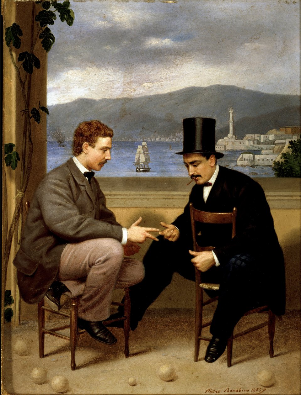 Två spelare att dö Spel av italienskt ursprung "" morra", en man i kostym med hög hatt och cigarr har munnen sittandes i caliphourchon på stolen. Målning av Pietro Barabino (1822-1869) 1865 sön. 25,5x19,5 cm Genes, Galleria d