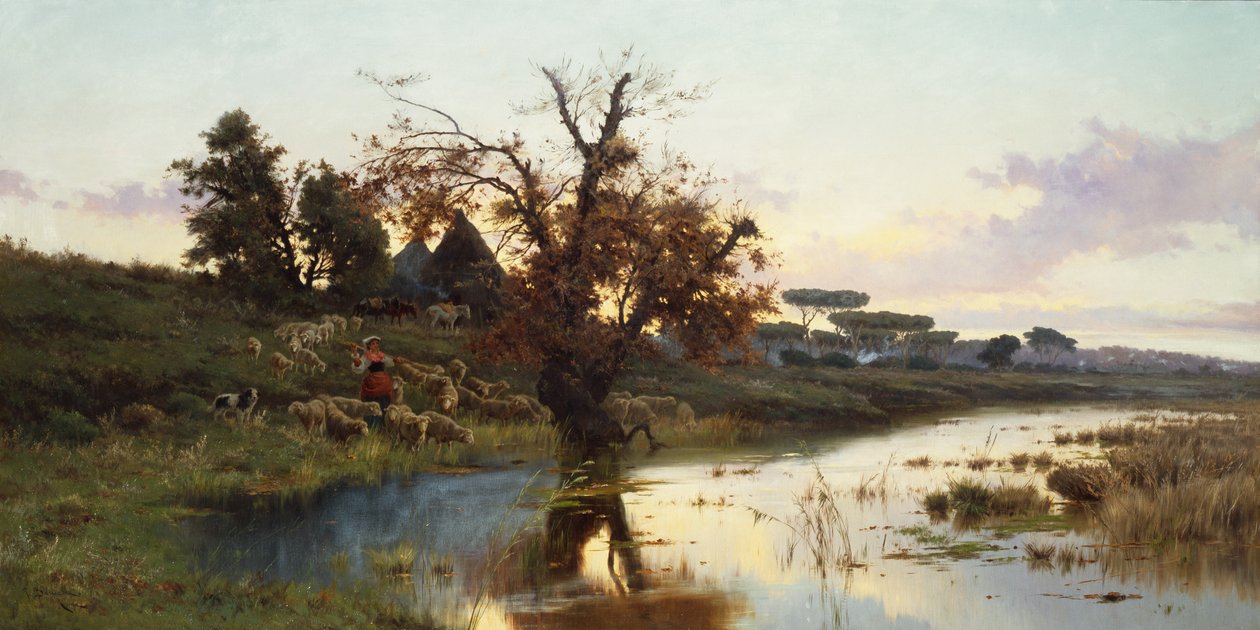 Flock vid solnedgången (olja på duk) av Pietro Barucci