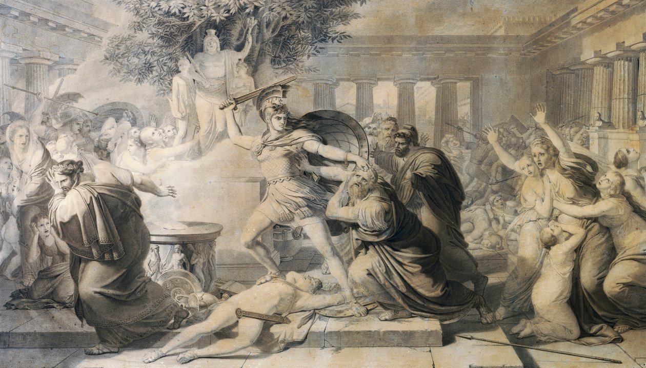 Death of Priam, av Pietro Benvenuti (1769-1844), tryck från målning från 1811 av Pietro Benvenuti