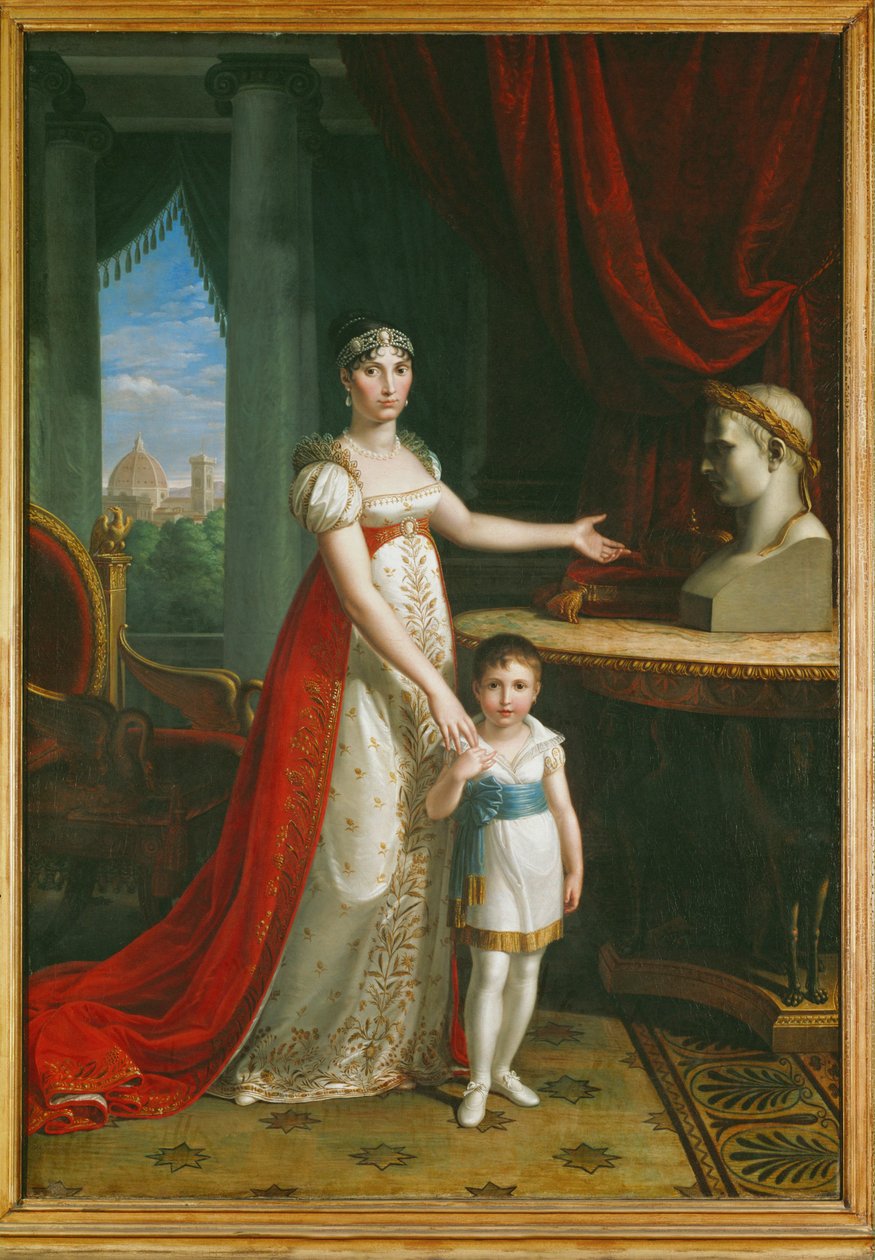 Elisa Bonaparte, syster till Napoleon I, storhertiginna av Toscana, med sin dotter Napoleone-Elisa... av Pietro Benvenuti