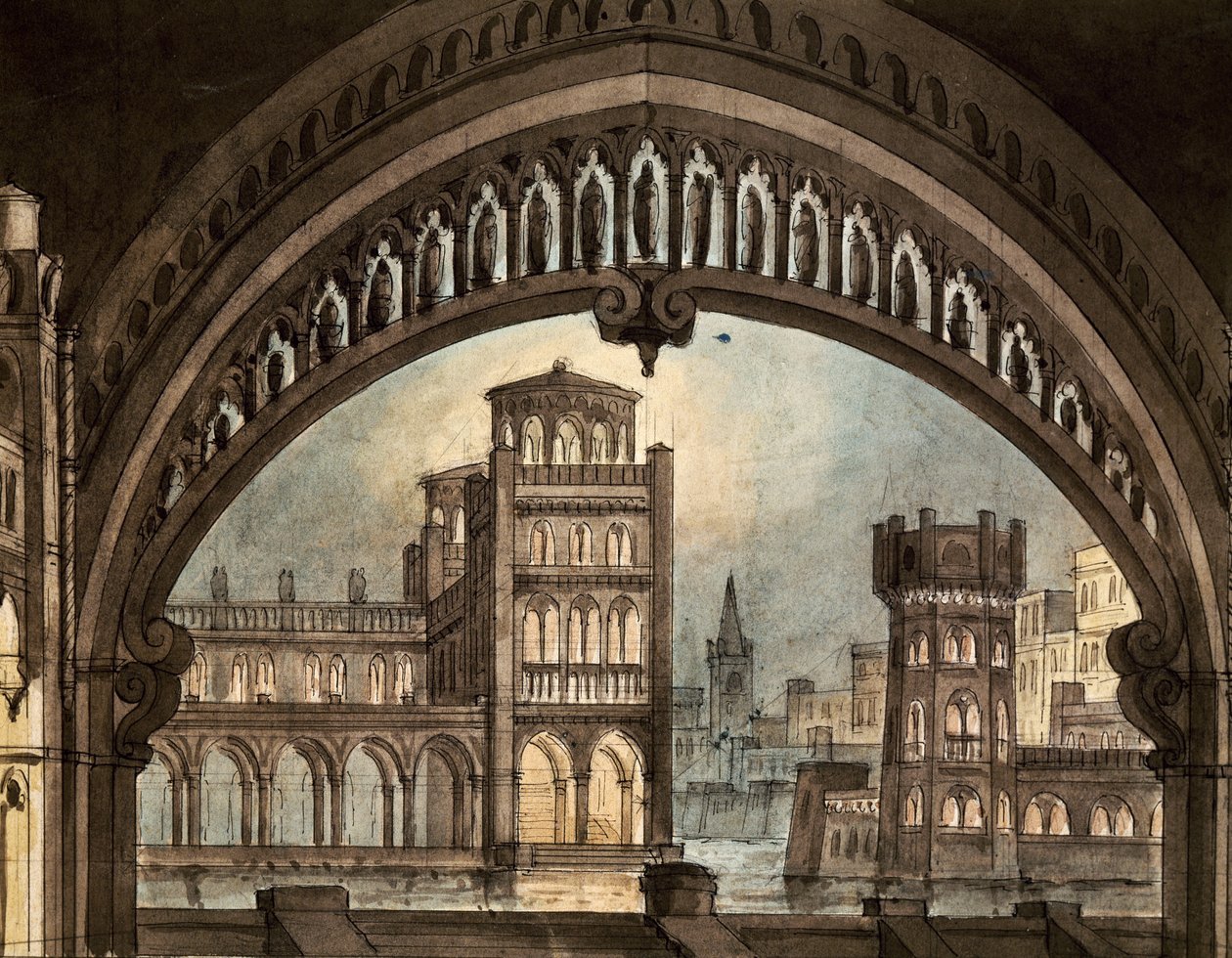 Scenografi för "La Straniera", av Vincenzo Bellini, på Carignano-teatern, Turin (penna & bläck och akvarell på papper) av Pietro Bertoja