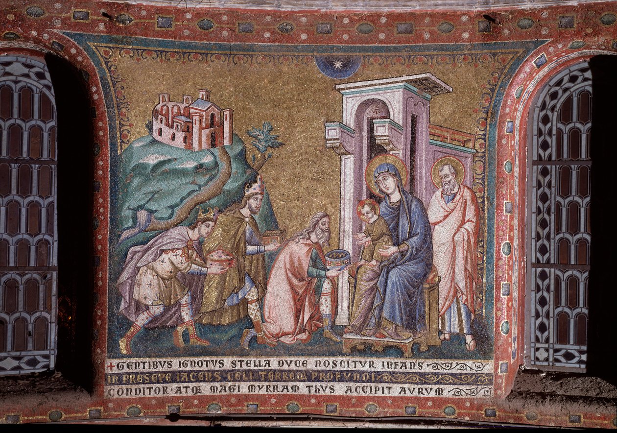 Tillbedjan av den mosaiska magi av Pietro Cavallinis absid (aktiv omkring 1273-1330) slutet av 1200-talet (Tillbedjan av magierna, mosaik från absiden av Pietro Cavallini, slutet av 1200-talet) Rom, kyrkan Santa Maria in Trastevere Italien av Pietro Cavallini