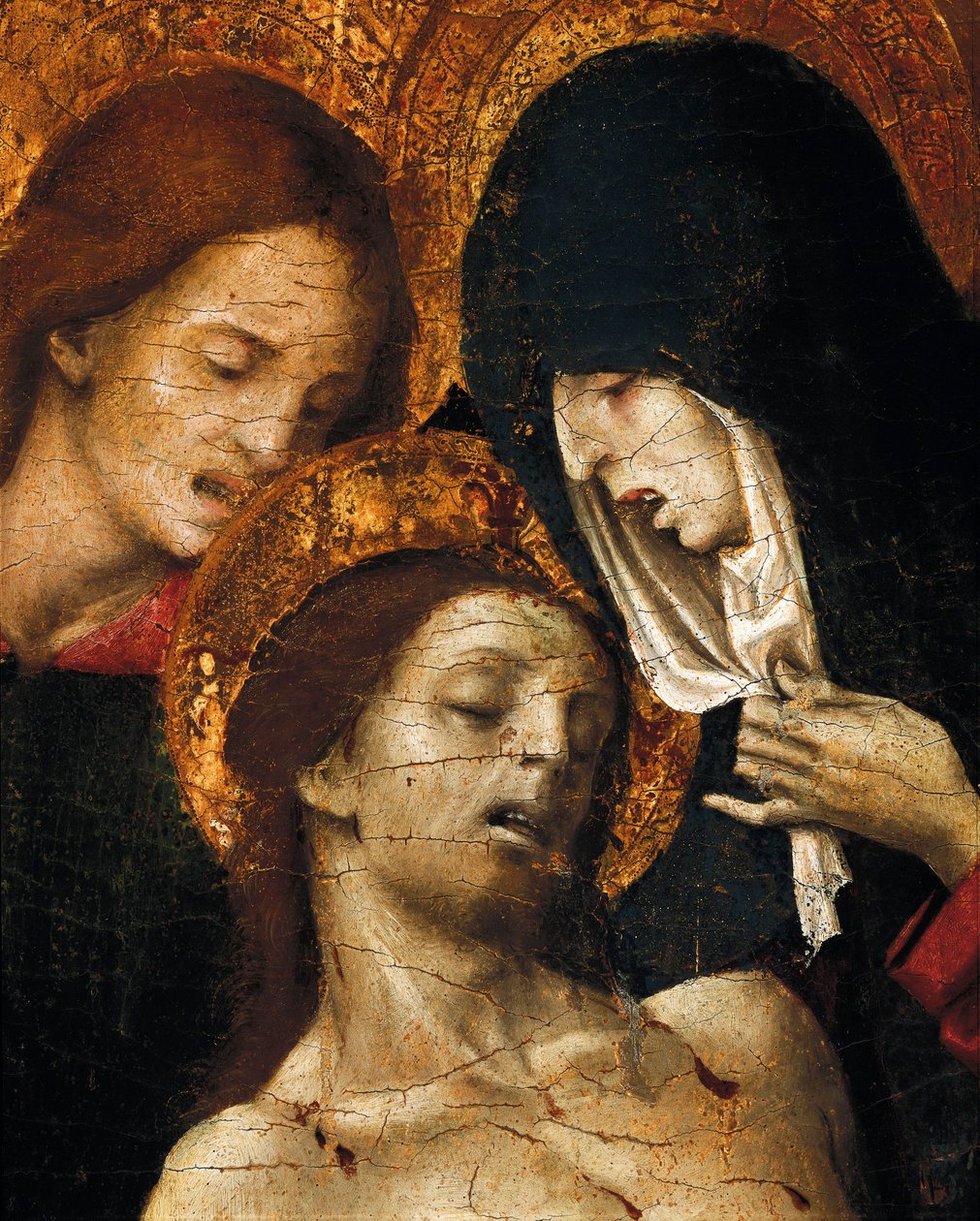 Nedstigning från korset (Deposizione), detalj av Johannes, Jungfru Maria och Kristus, tidigt 1500-tal (tempera på panel) av Pietro Cavaro