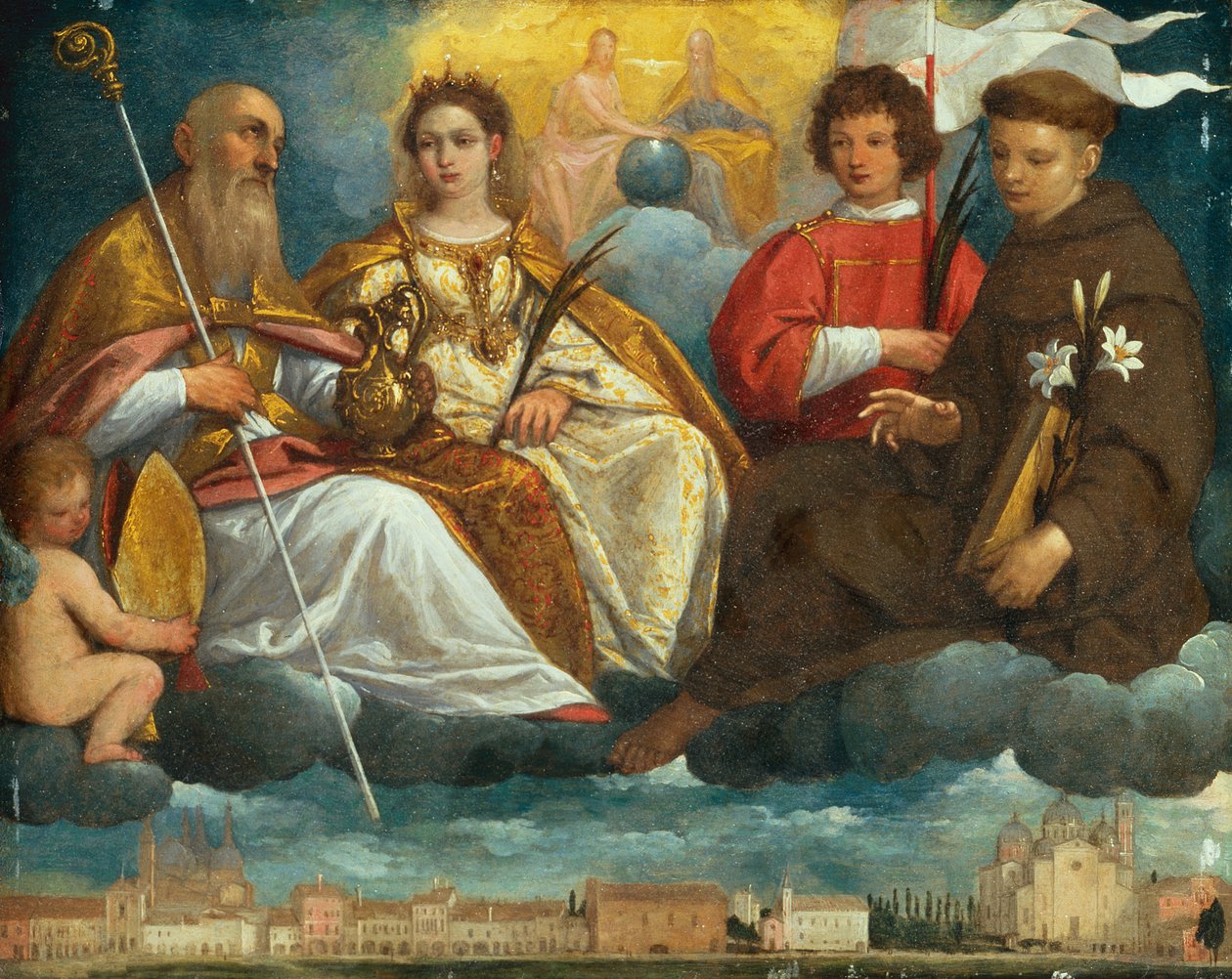 Saint Prosdocimus, Justina, Daniel och Antony of Padua in Glory med utsikt över Prato della Valle, Padua (olja på koppar). av Pietro Damini