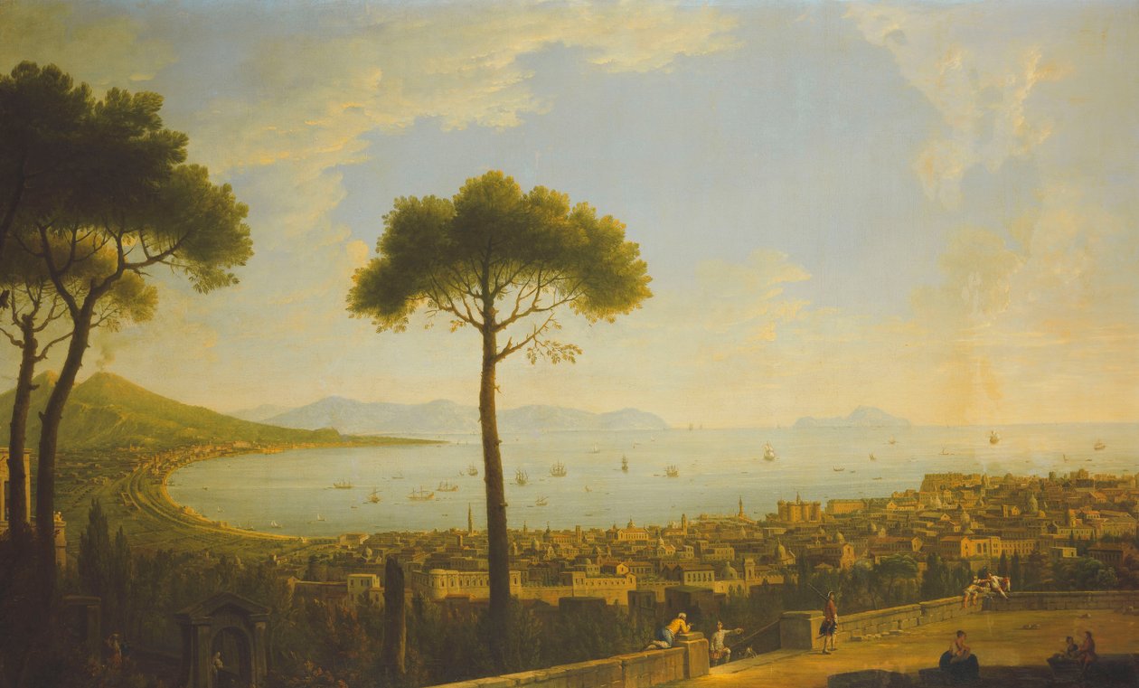 En panoramautsikt över Neapel, Neapelbukten, Portici, Vesuvius, Sorrentohalvön och Capri från Conocchia, av Pietro Fabris