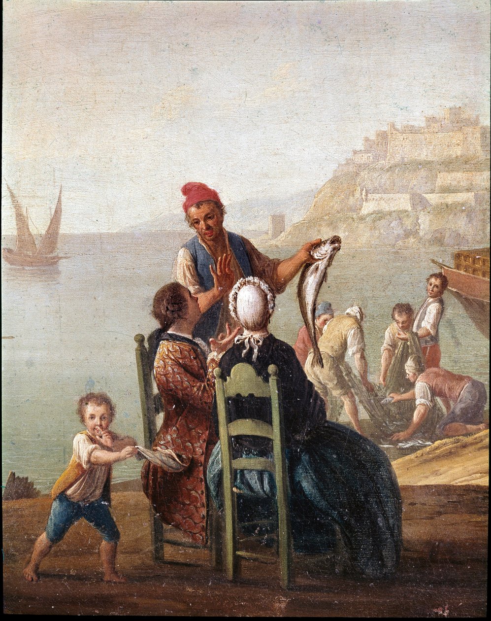 En fiskförsäljare och ett par (En fiskförsäljare och ett par) Detaljmålning av Pietro Fabris 1700-talets Museo Nazionale di San Martino Neapel av Pietro Fabris