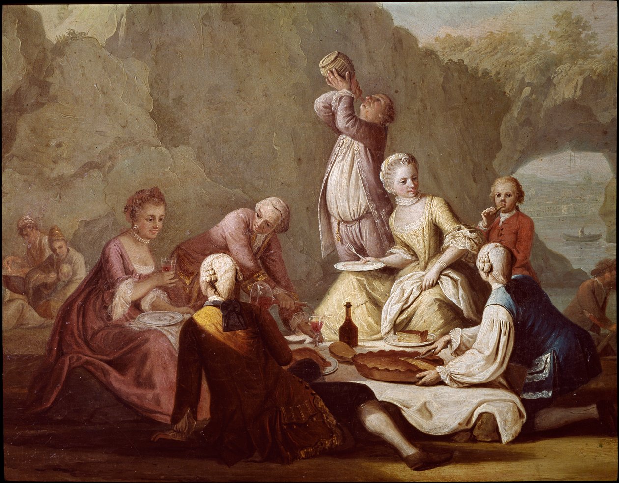 Bankettscen i Posillipo (Pausilippe) Neapel Detalj av aristokrater som picknickar - Bankett i Posillipo - Detalj av aristokrater - Målning av Pietro Fabris Museo Nazionale di San Martino Neapel från 1700-talet av Pietro Fabris
