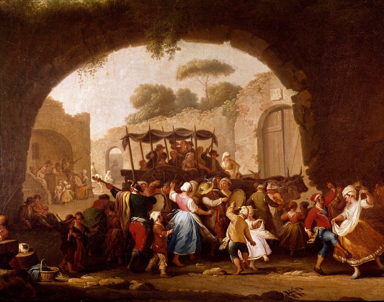 Dansscen och populär fest i Neapel Detail. Tarantelladansare (tarantella, tarantella). Målning av Pietro Fabris (aktiv mellan 1763 och 1776) Neapel från 1700-talet, Museo Nazionale di San Martino av Pietro Fabris