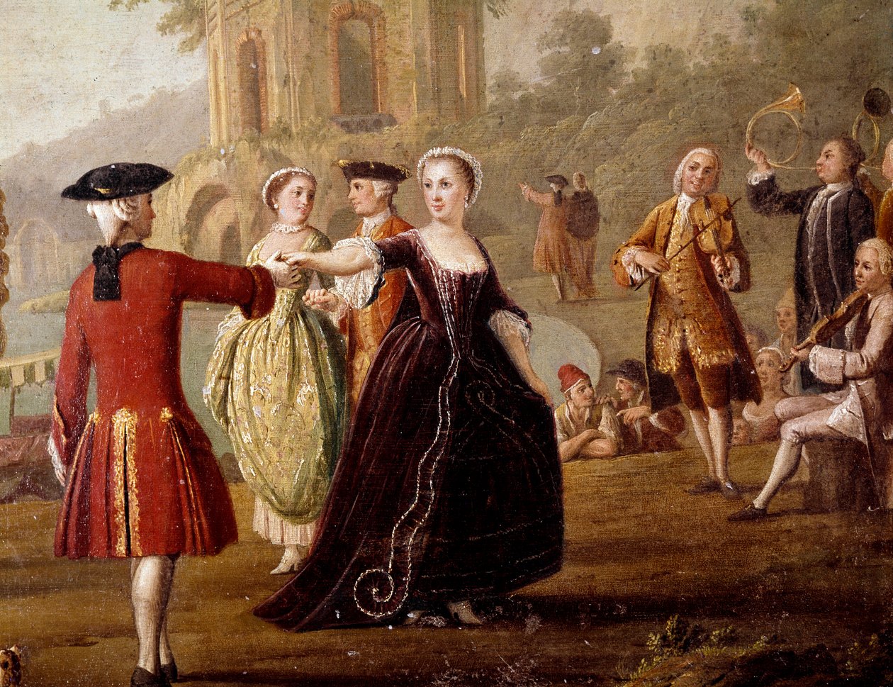 Nobel dans- och festscen i Neapel Dansare i en park. Målning av Pietro Fabris (verksam mellan 1763 och 1776). Neapel från 1700-talet, Museo Nazionale di San Martino av Pietro Fabris