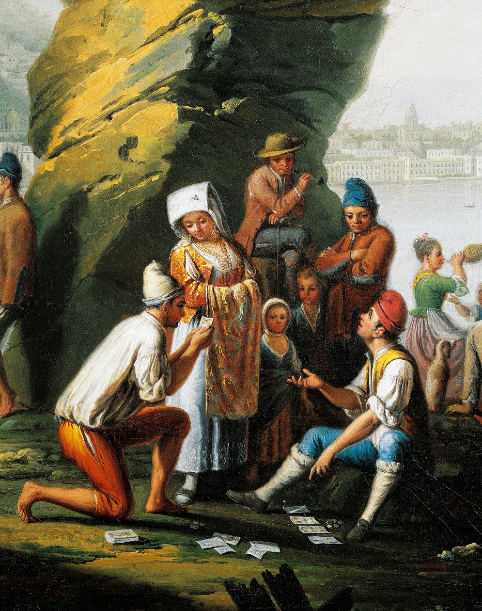 Scen av vardagslivet i Posillipo-grottan, män som spelar kort, av Pietro Fabris (aktiv 1768-1778), olja på duk, detalj av Pietro Fabris