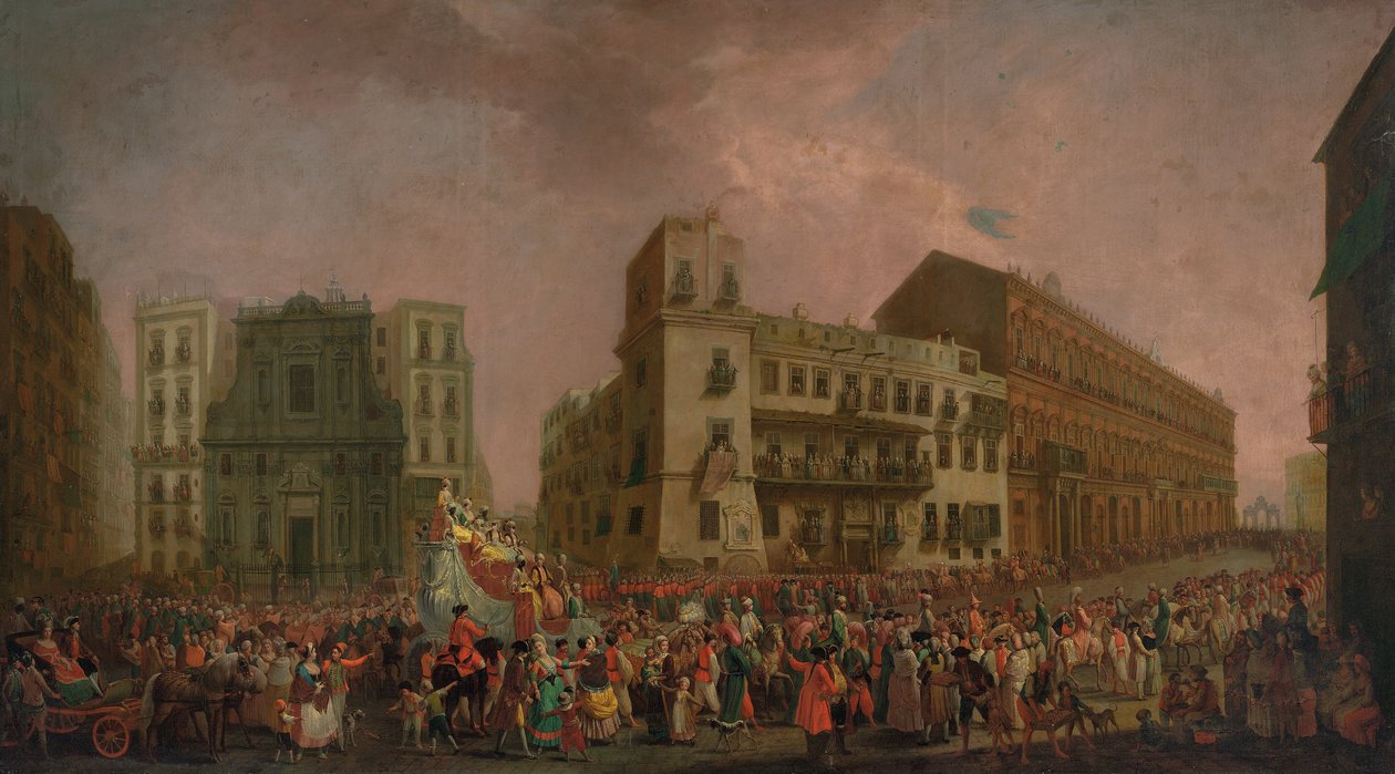 Karnevalen i Neapel 1778, med "Cavalcata turca" som paraderar genom Largo di Palazzo, ca 1778 av Pietro Fabris