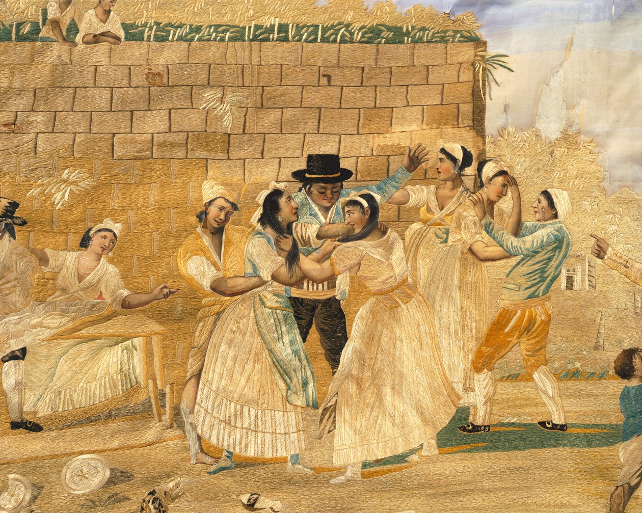 Den possessiva napolitanska, slagsmålsscenen, broderi på siden från en gravyr av Pietro Fabris, Italien av Pietro Fabris