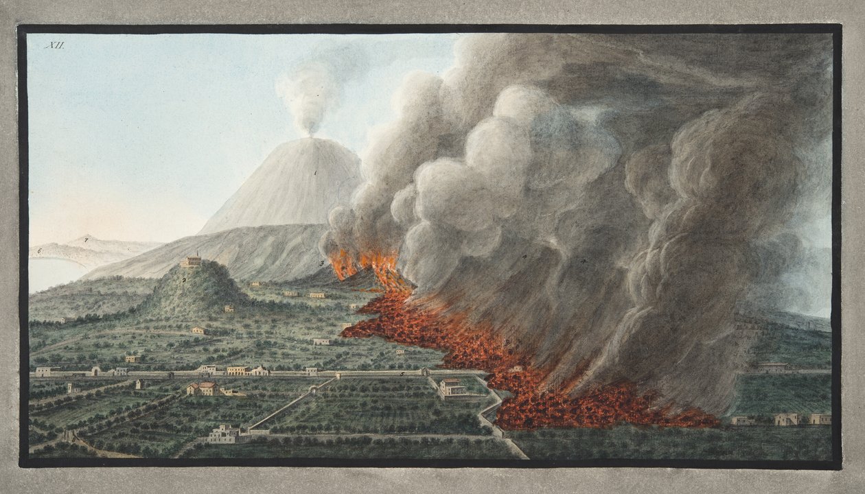 Utsikt över ett utbrott av berget Vesuvius som började den 23 december 1760 och slutade 5 januari 1761, skylt 12 från 