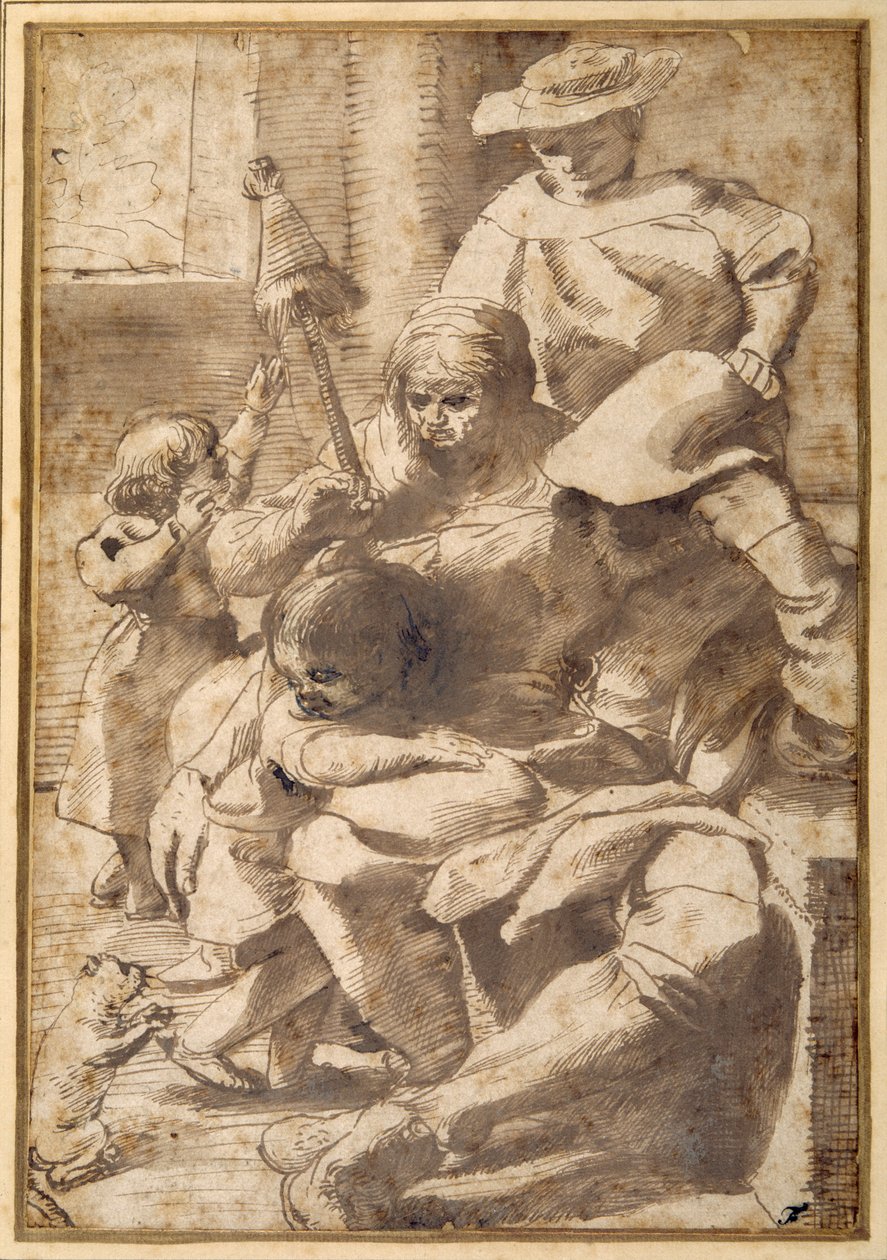 Familjegrupp i en interiör (penna & bläck med tvätt på papper) av Pietro Faccini