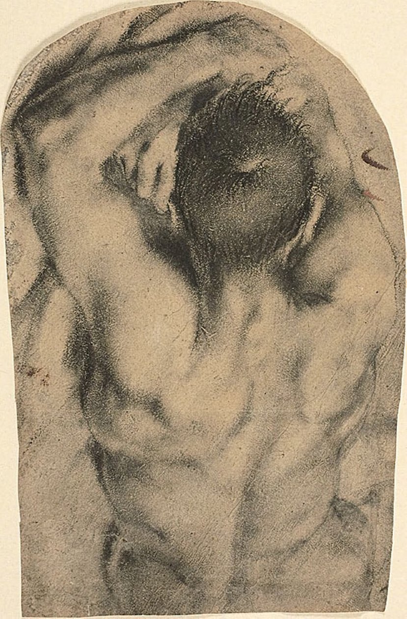 Halvlång liggande manlig nakenbild sedd bakifrån, ca 1590 (kol, inslag av oljefärg och spår av blyvitt på papper) av Pietro Faccini