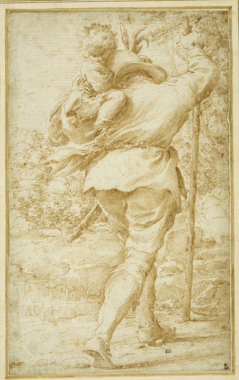 St. Christopher färja Kristusbarnet (penna & brunt bläck på vitt papper) av Pietro Faccini