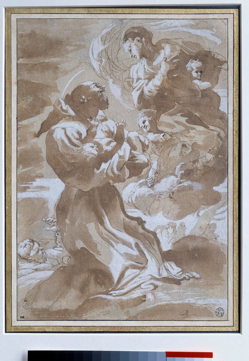 Jungfrun anförtror Jesusbarnet till den helige Francois av Assisi Teckning av Pietro Faccini (1560-1602) 1500-talets sön. 0,23 x 0,33 m Paris. Louvren av Pietro Faccini
