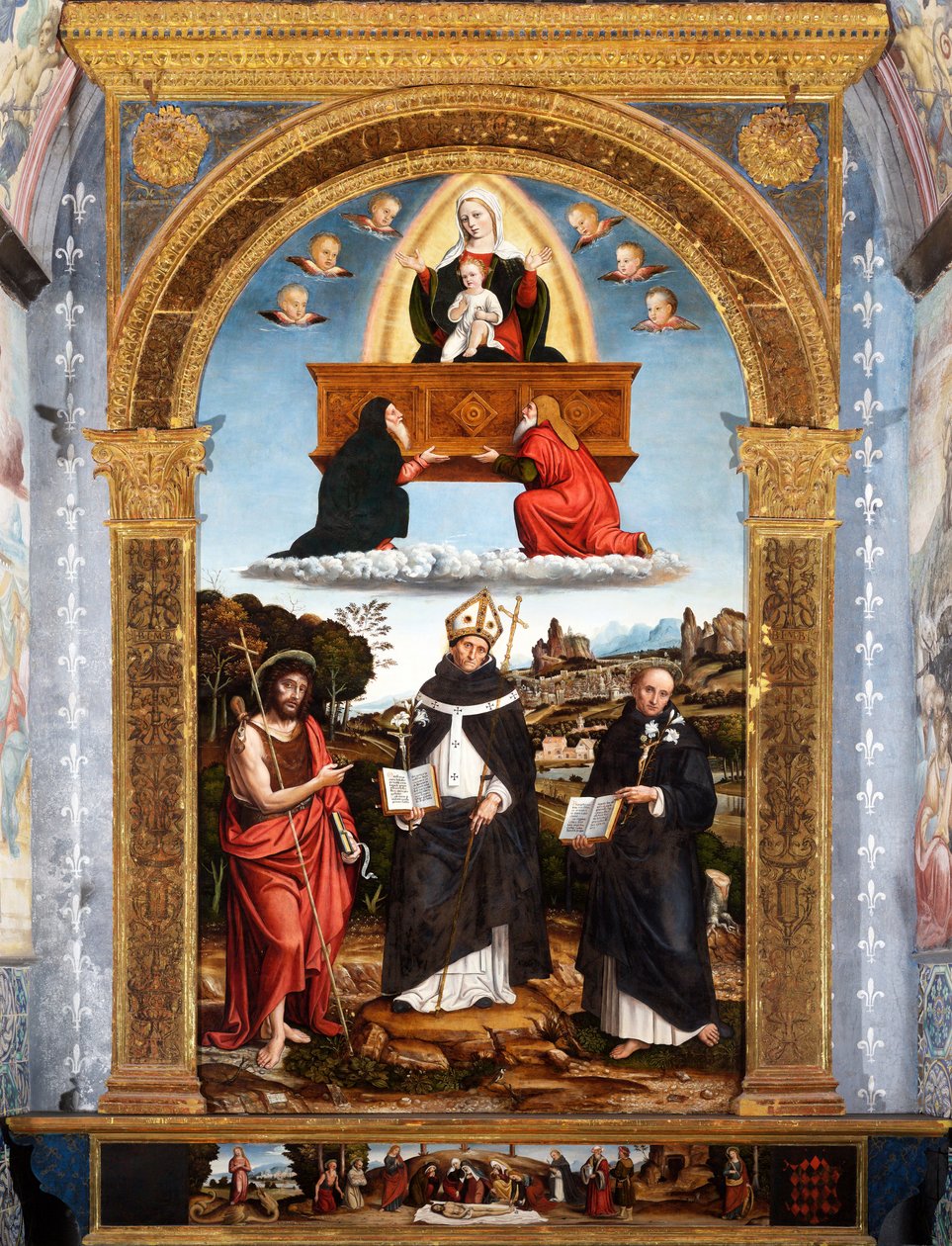 Odigitria Madonna med de heliga Johannes Döparen, Antoninus av Florens och Nicola da Tolentino, signerad och daterad av Pietro Francesco (1485 1528) Sacchi