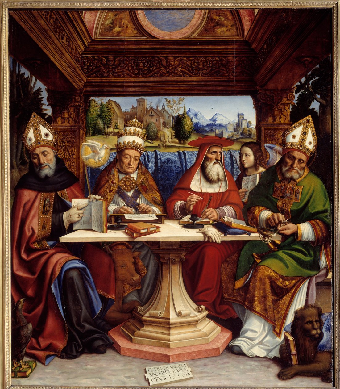 Kyrkans fyra läkare med symbolerna för de fyra evangelisterna (Saint Augustinus med en örn, Saint Gregoire den store med en oxe, Saint Hieronymus med en ängel och Saint Ambrose med ett vinglejon). Målning av Pier Francesco Sacchi dit il Pavese (14 av Pietro Francesco  Sacchi