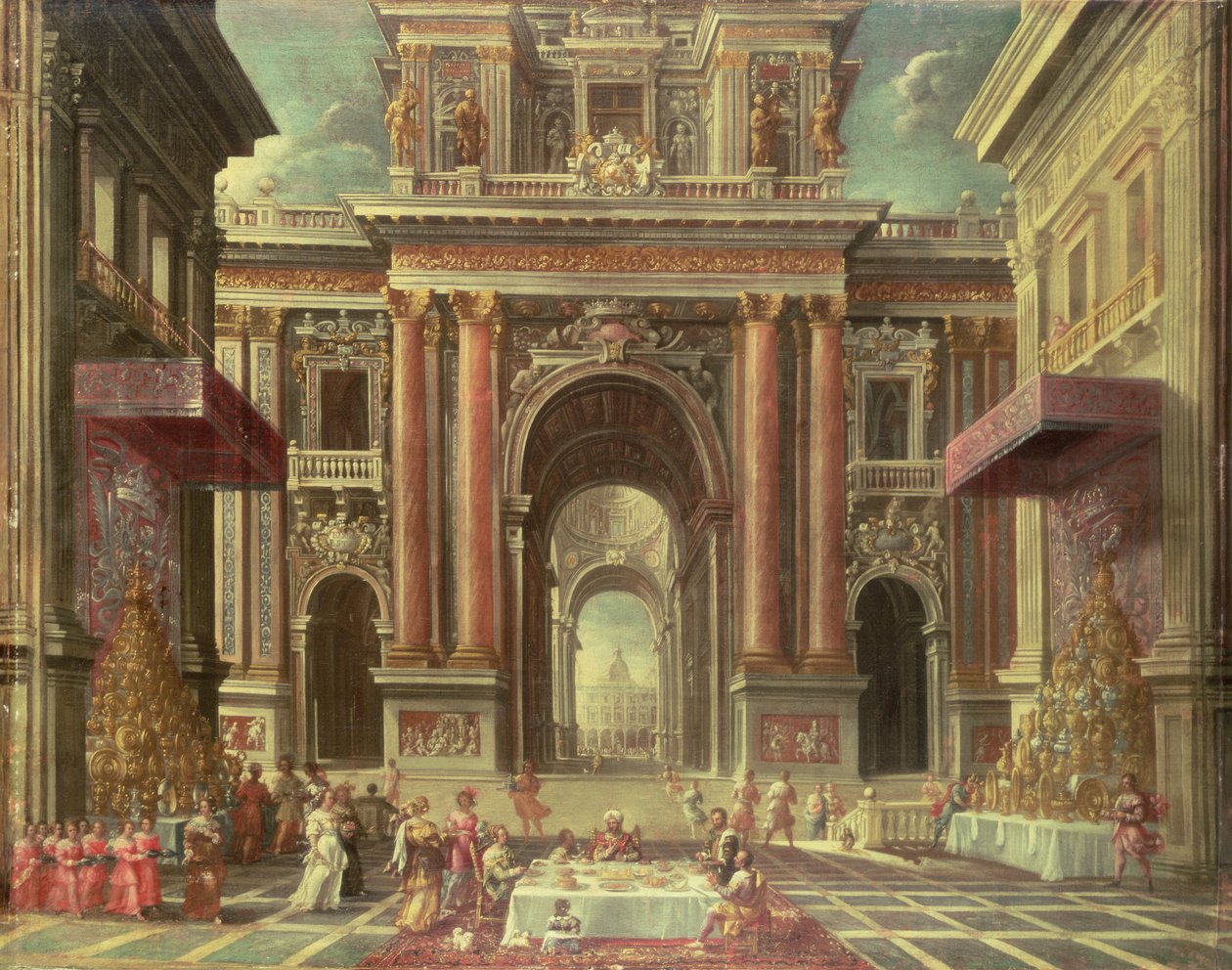 Magnifik fest på innergården till ett barockpalats (olja på duk) av Pietro Francesco Garoli