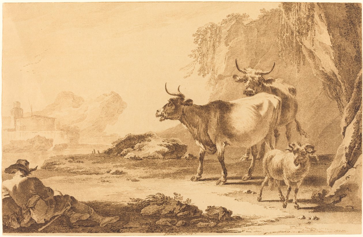 Landskap med boskap, en get och en vilande herde av Pietro Giacomo Palmieri