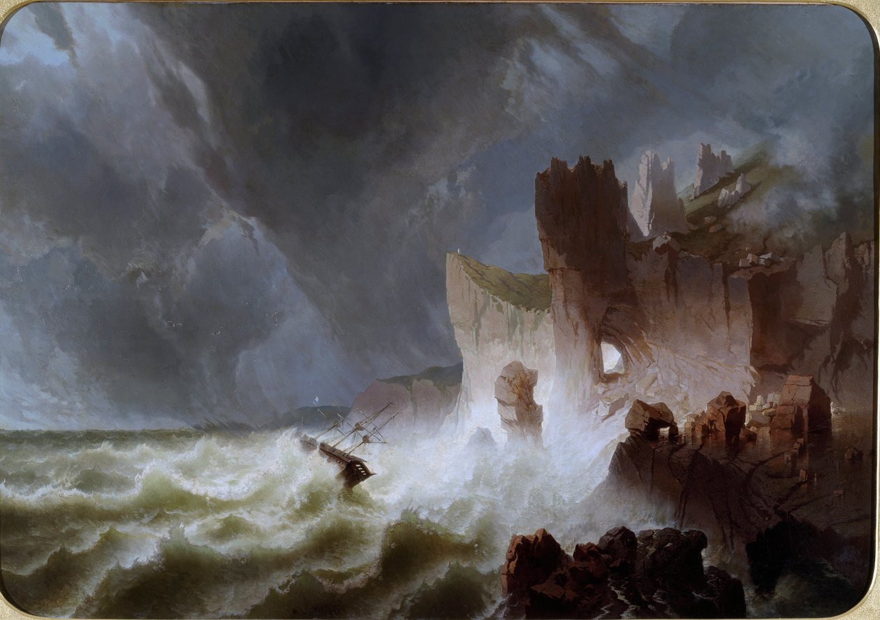 Lido solitario Marint landskap, med ett skepp som fångades i stormen och kraschade på klipporna. Målning av Pietro Giuria (1800-talet) Dim. 140x200 cm Genes Nervi, Galleria d
