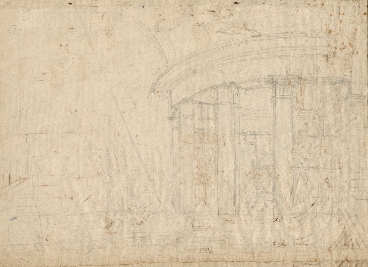 Arkitektonisk fantasi på ett runt tempel omslutet av en ambulatorisk (verso) av Pietro Gonzaga