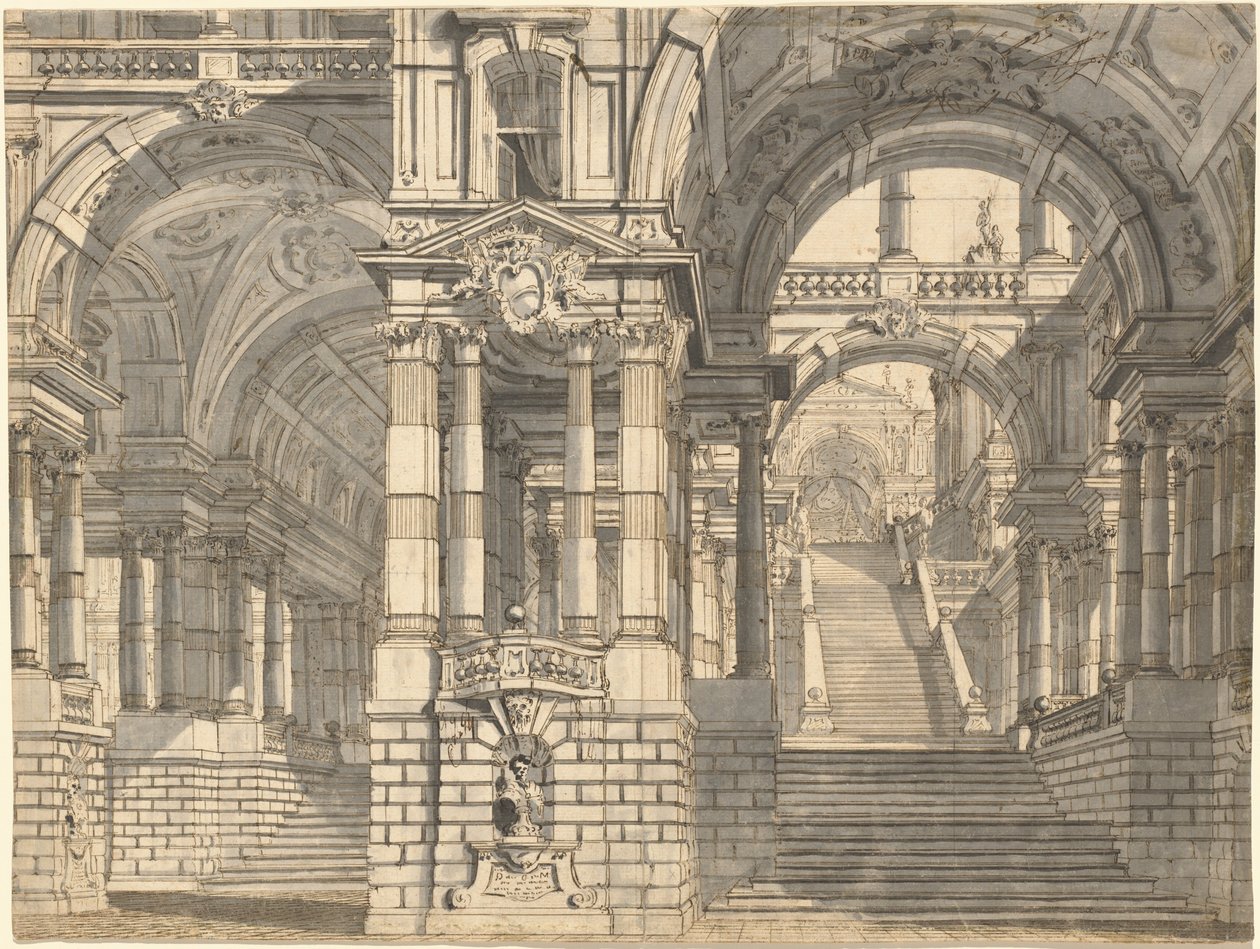 Fantasi om magnifika innergårdar och loggia med en monumental trappa av Pietro Gonzaga