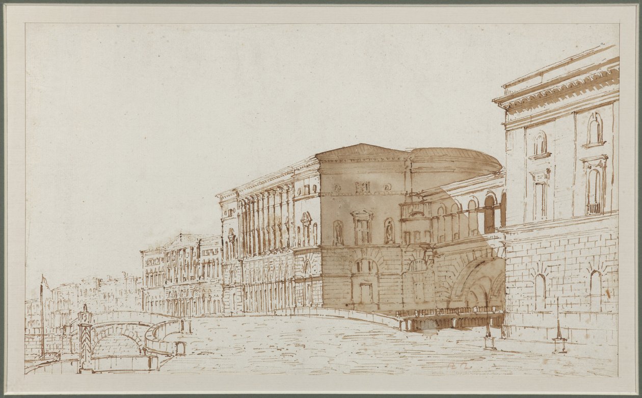 Eremitageteatern i Sankt Petersburg - Pietro di Gottardo Gonzaga (1751-1831). Penna, pensel, brun färg på papper av Pietro Gonzaga