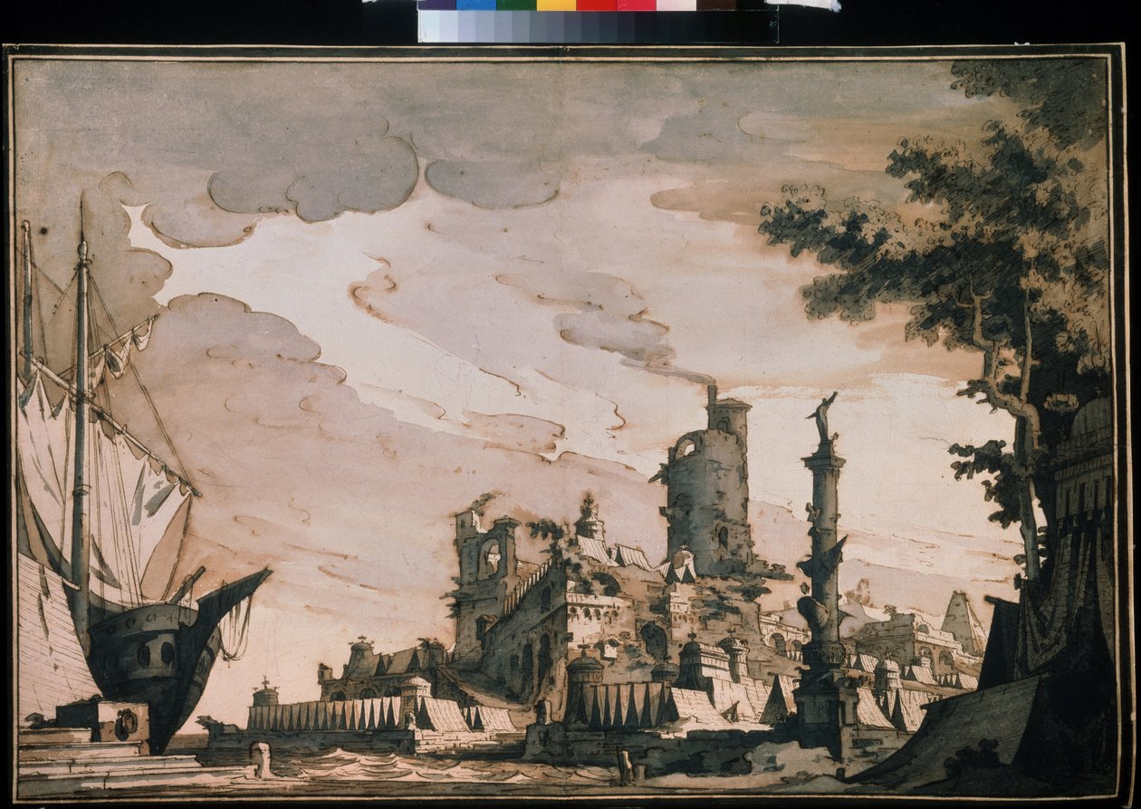 ""Utsikt över en hamn"" Teaterinredning. Akvarell av Pietro di Gottardo Gonzaga (1751-1831) 1818. Akvarell och tusch på papper. Moskva, Pushkin-museet av Pietro Gonzaga