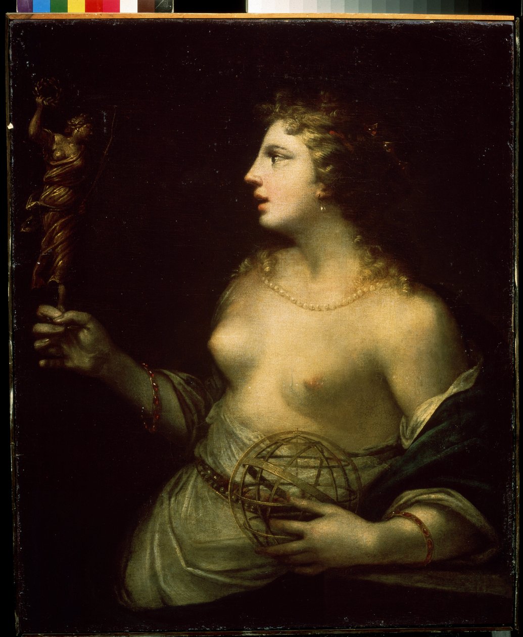 ""Urania"" (Urania) representation av den skyddande musen för astronomi och astrologi, som håller en hand på en sfär. Målning av Pietro Liberi (1614-1687) Mikhail Kroshitsky Art Museum från 1600-talet, Sevastopol (Sevastopol) Ukraina av Pietro Liberi