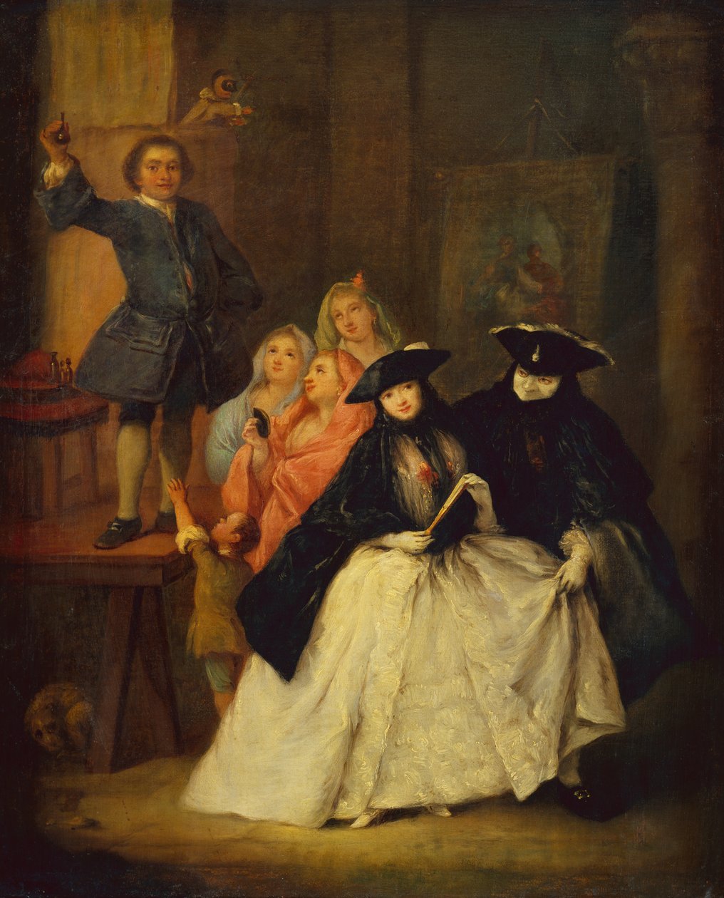En charlatan på en plattform med maskerade figurer i förgrunden (olja på duk) av Pietro Longhi