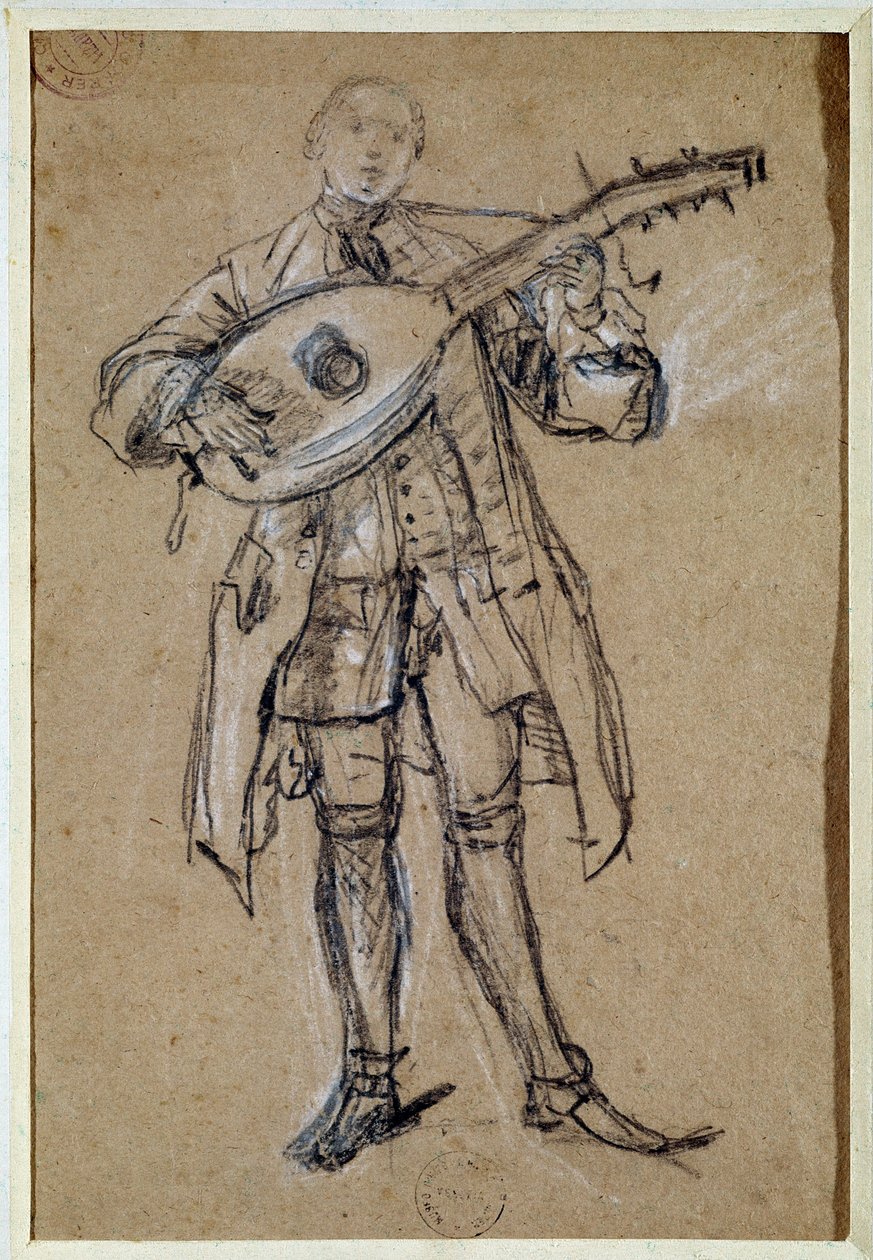 En gitarrist (gitarrist) Teckning av Pietro Longhi (1702-1785) Venedig, Musee Correr av Pietro Longhi