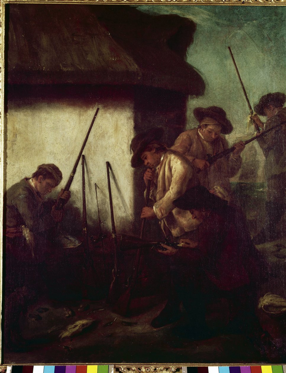 Jakt i dalen: förberedelse av vapen - Målning av Pietro Longhi (1702-1785), olja på duk, 61x50 cm av Pietro Longhi