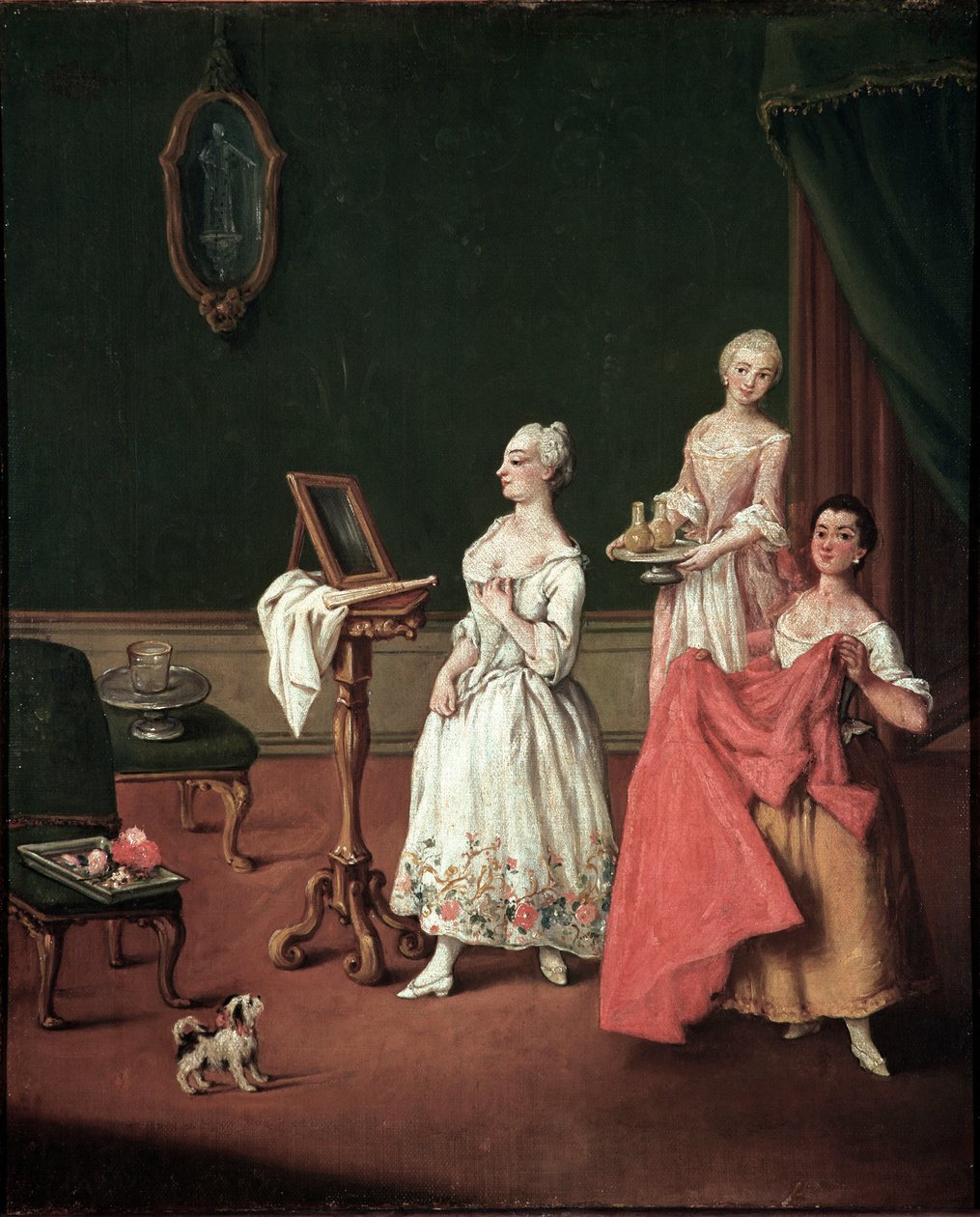La toilette (The dressing session) Venetiansk aristokrat griper framför sin spegel medhjälpare av två tjänare - Målning av Pietro Longhi (1701-1785) 1760 Dim 61x50 cm Venedig, Ca 