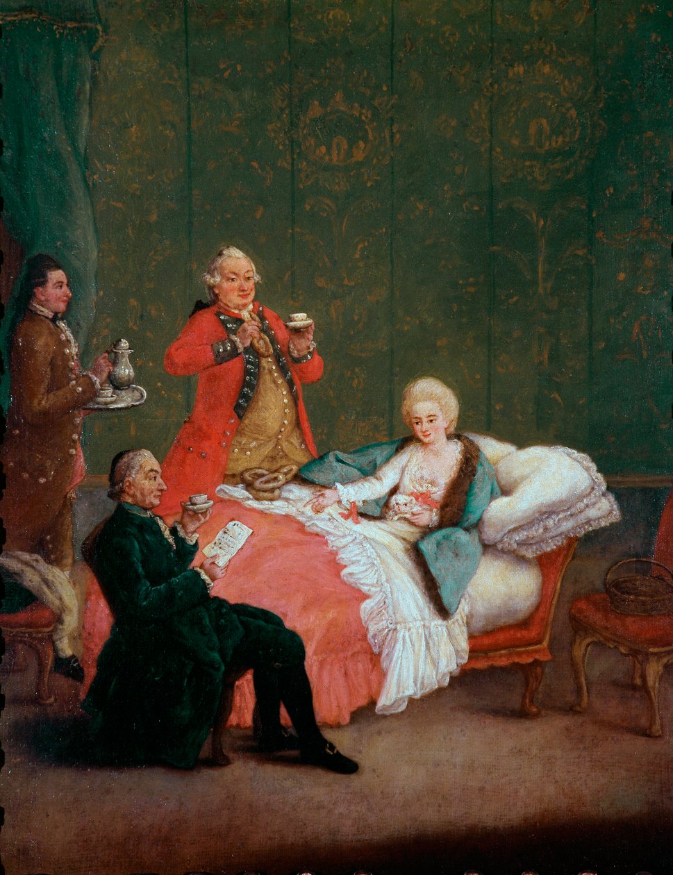 Morgonchoklad ung kvinna av adeln ligger i sin säng som serveras av tre män. Målning av Pietro Longhi (1702-1785) 1775-1780. Dämpa. 60x47 cm Ca 