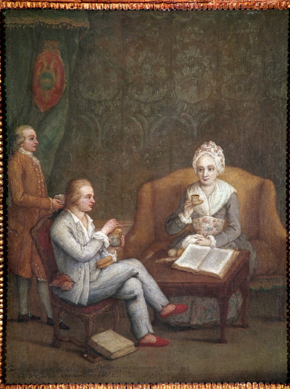 Porträtt av Adriana Giustinian med sin son Gerolamo Ascanio som tar varm choklad (Adriana Giustinian Barbarigo och hennes son Gerolamo Ascanio tar en kopp choklad) Målning av Pietro Longhi (1702-1785) 1779 ca. Mått 58x45 cm Venedig, Ca 