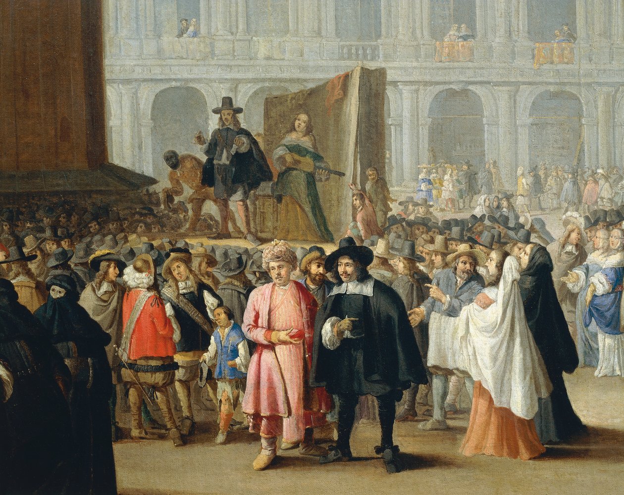 Representation av komiker under karnevalen på Markusplatsen i Venedig, från School of Pietro Longhi, detalj av Pietro Longhi