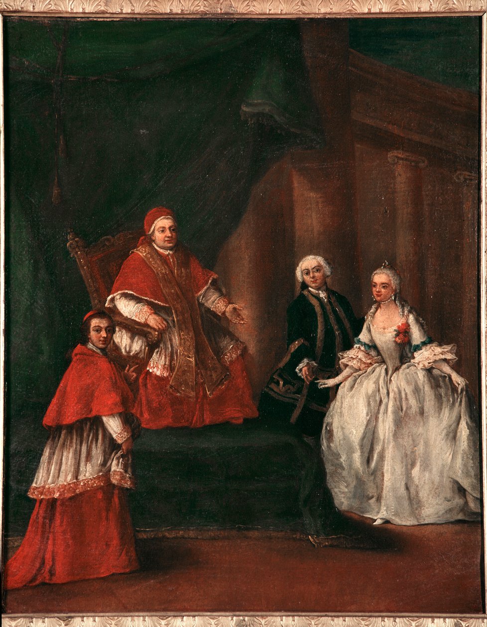 Representation av påven Clemens XIII (1693-1769) med sin brorson Ludovico Rezzonico och hustru Faustina Savorgnan (Påve Clemens XIII med sin brorson Ludovico Rezzonico och hans hustru Faustina Savorgnan) Målning av Pietro Longhi (1702-1785-1702-1785) 17525 av Pietro Longhi