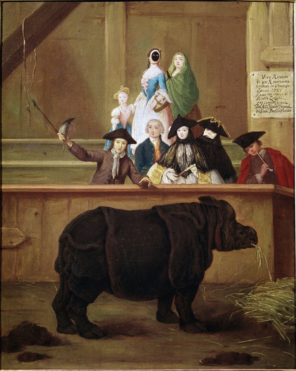 Noshörning: utställning av Clara, indisk noshörning. Målning av Pietro Longhi (1702-1785). 1751. Venetianskt museum från 1700-talet. Ca 