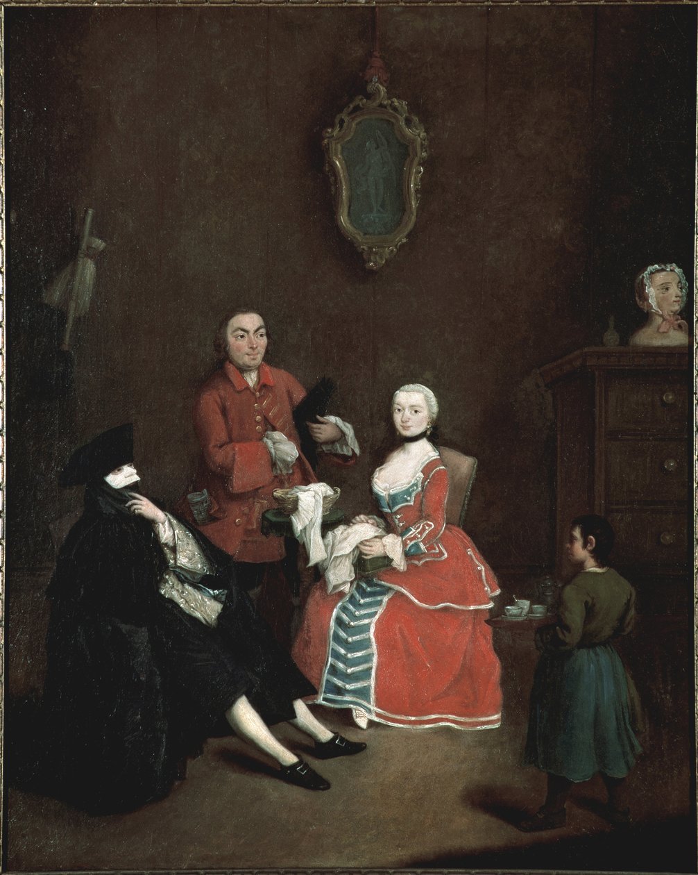 Masken besök Bauta (bautta) karaktär vetu av den venetianska dräkten består av den svarta capen, den svarta tricornhatten och den vita masken - (Besök i Bauta mask) Målning av Pietro Longhi (1702-1785) 1760 ca Dim 62x50 cm Venedig, Ca 