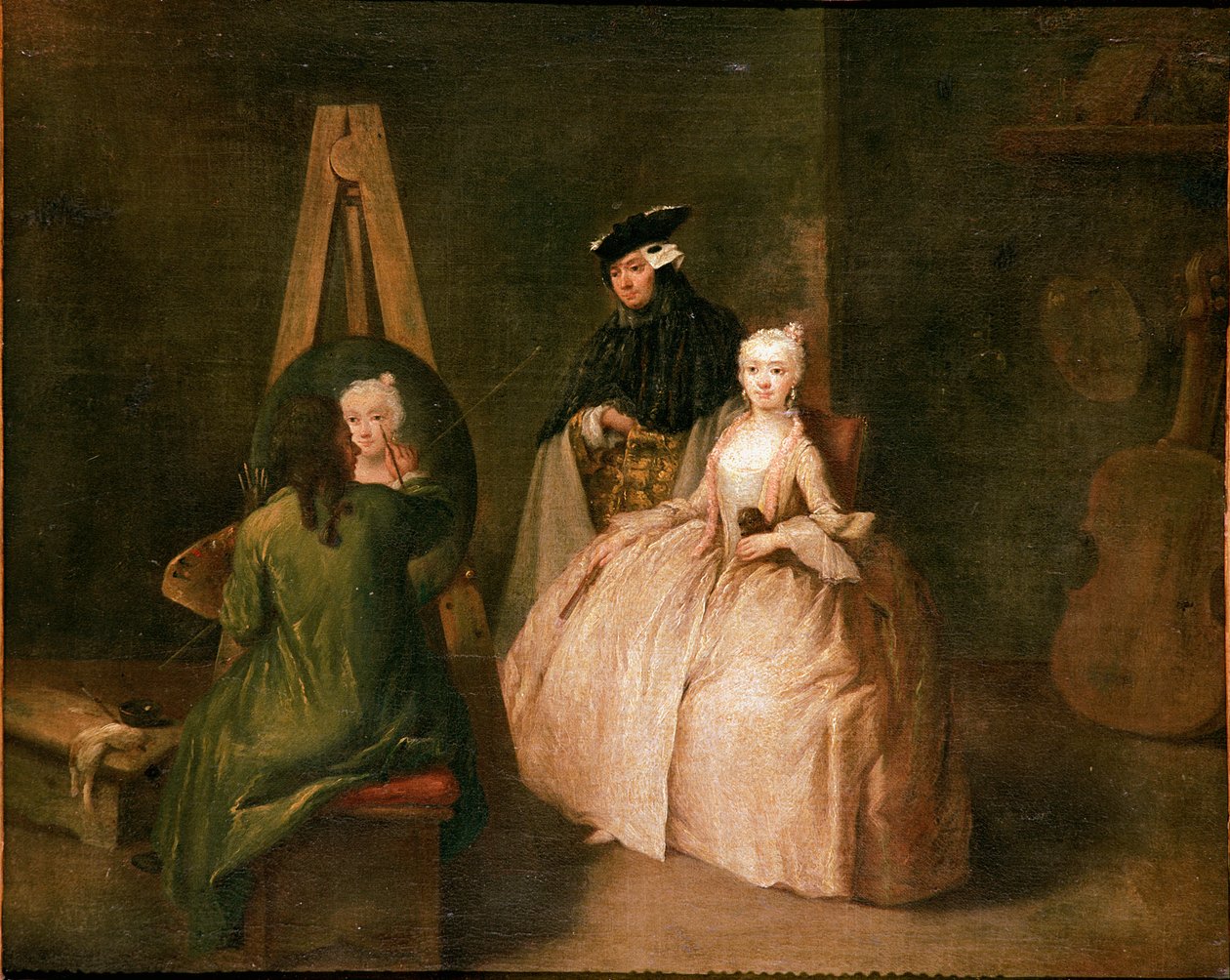 Målarens ateljé Målaren framför sitt staffli porträtterar en ung kvinna. Målning av Pietro Longhi (1702-1785) 1740-1745 sön. 44x53 cm Venedig, Ca 